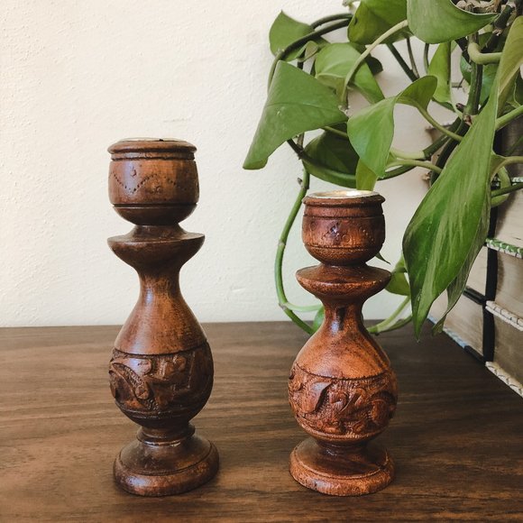 Vintage Engraved Wood Candlestick Set